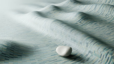 A smooth white stone rests on a wavy textured surface with a pattern of curved lines and rectangular tiles in shades of blue green and grey.の素材