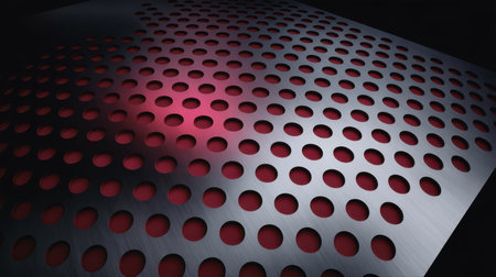 A close-up view of a brushed metal sheet with a regular pattern of circular perforations. A vibrant red surface is visible through the holes, creating a striking contrast.の素材