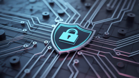 A glowing blue shield emblem with a padlock symbol rests on a dark, textured circuit board. Thin, illuminated lines crisscross the surface, suggesting a digital network.の素材
