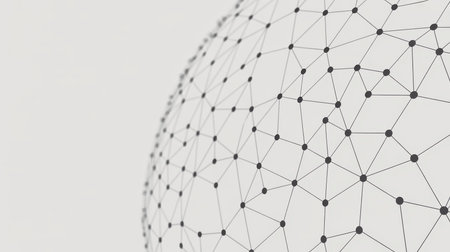 A close-up view of a wireframe sphere composed of interconnected black dots and grey lines against a light grey background.の素材
