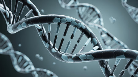 A 3D rendering of a stylized DNA double helix with dark blue and light blue segments against a muted gray background.の素材