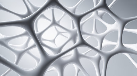 Seamless abstract pattern of smooth white organic cellular structures with rounded nodes and flowing interconnected lines creating a complex network.の素材