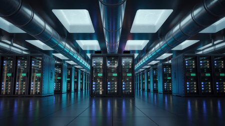 Rows of dark server racks with glowing green and blue lights fill a room. Large metal pipes run overhead, and the floor reflects the vibrant colors.の素材