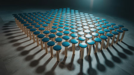 Rows of metallic gold cylindrical objects with shiny blue circular tops form an arrow shape. They are arranged on a textured gray surface, casting long, dark shadows.の素材