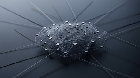 Abstract network of white glowing nodes connected by thin white lines on a dark grey textured surface. The network spreads outwards with thin lines extending into the background.の素材