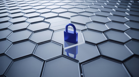 A bright blue padlock rests on a reflective surface composed of interlocking hexagonal shapes. The hexagons are a cool gray color with dark outlines, creating a geometric pattern.の素材