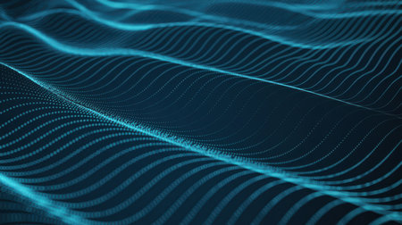 Abstract digital waves of glowing blue particles flow across a dark background. The lines are smooth and curved, creating a sense of depth and motion.の素材