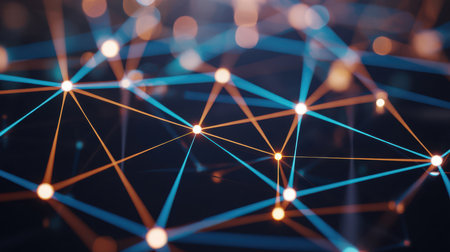 Abstract digital art with a dark background featuring a glowing network of interconnected blue and orange lines linking bright white nodes.の素材