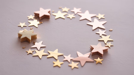 A collection of gold and rose gold stars of various sizes are scattered and stacked in a circular arrangement on a muted grey surface.の素材