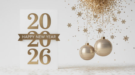 A white card displays the year 2026 in gold numbers with a gold banner reading Happy New Year. Gold confetti and snowflake shapes fall around two gold striped ornaments.の素材