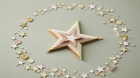 A large layered star is centered on a pale green surface surrounded by scattered gold and rose gold star confetti and circles.の素材