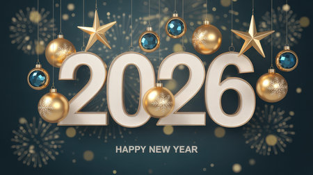 Large white numbers 2026 are centered with gold ornaments and stars hanging above. Fireworks and bokeh lights fill the dark blue background.の素材