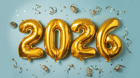 Gold foil balloons spelling 2026 are arranged on a light blue background with scattered confetti and gold streamers.の素材
