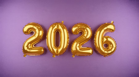Four shiny gold foil balloons in the shape of the numbers 2, 0, 2, and 6 are arranged horizontally against a textured purple background.の素材