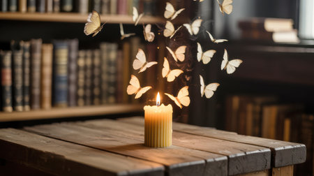 A lit beeswax candle on a wooden table with many light colored butterflies fluttering around its flame.の素材