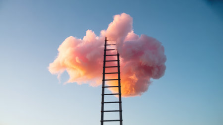 A dark ladder rises into a vibrant pink cloud against a soft blue sky. The composition is centered and minimalist.の素材