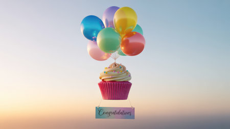 A pink cupcake with swirled cream cheese frosting and colorful sprinkles is suspended in a pastel gradient sky by a bunch of vibrant balloons.の素材