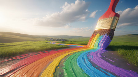 A large red paintbrush drips a vibrant rainbow path across a green grassy landscape under a blue sky with clouds.の素材