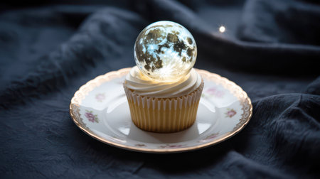 A frosted cupcake with a glowing moon sphere on top sits on an ornate floral plate against a dark textured fabric background.の素材