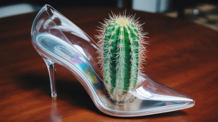 A green cactus with sharp white spines sits inside a clear, iridescent high heel shoe on a polished wooden surface.の素材