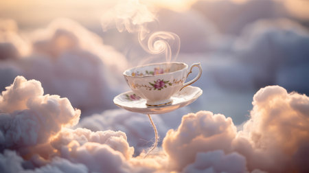 A delicate porcelain teacup and saucer with pink floral patterns floats amidst soft, glowing clouds. Steam rises in a swirling pattern from the cup.の素材