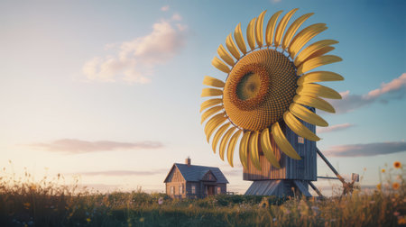 A giant sunflower forms the sails of a windmill next to a small wooden house in a grassy field during sunset.の素材