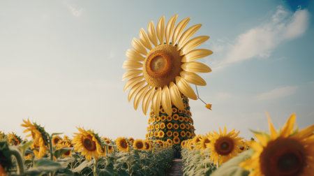 A surreal digital painting depicts a giant sunflower structure in a vast field of blooming sunflowers under a soft blue sky with wispy clouds.の素材