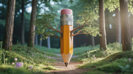 A colossal yellow pencil with branches and green leaves emerges from a forest path. Sunlight filters through trees onto mossy ground and small purple flowers.の素材