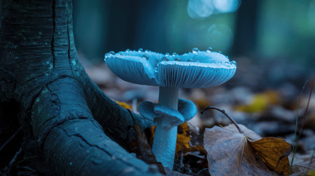 A blue bioluminescent mushroom with water droplets on its cap sits next to a textured tree root in a dark forest setting.の素材