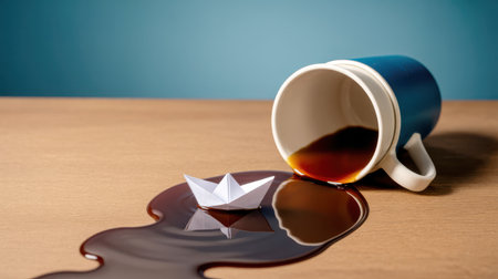 A blue and white coffee cup lies on its side, spilling dark brown liquid onto a light brown wooden surface. A small white origami paper boat floats in the spilled liquid.の素材