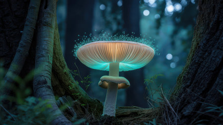 A large bioluminescent mushroom glows with turquoise and orange light, surrounded by dark forest trees and glowing blue bokeh.の素材