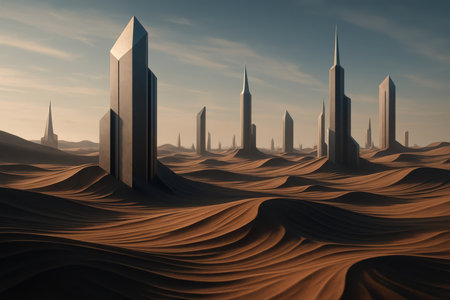 A surreal desert landscape with undulating sand dunes leading to a collection of futuristic, geometric skyscrapers. The buildings are tall and angular, with sharp peaks and smooth, dark surfaces. The sand exhibits a strong rippling texture, creating a sense of movement and depth. The sky is a pale blue with wispy clouds, and the overall mood is desolate and otherworldly.の素材