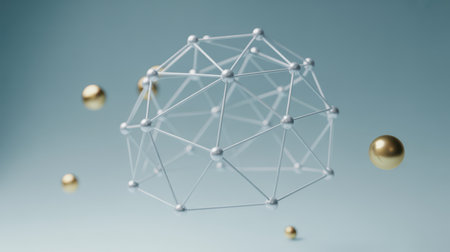 A central white geometric network structure with silver nodes is surrounded by floating gold spheres against a soft, gradient blue background.の素材
