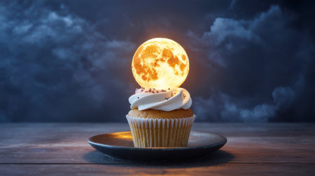 A single cupcake with white frosting and dark sprinkles sits on a dark plate against a backdrop of dark, cloudy night sky with a glowing orange full moon.の素材