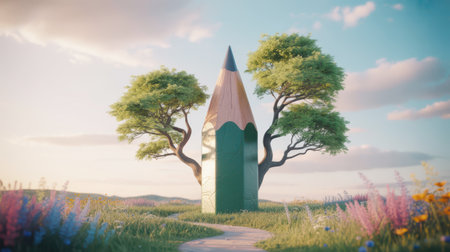 A colossal green pencil with a wooden tip stands in a vibrant field of wildflowers and grass, flanked by trees under a cloudy sky.の素材