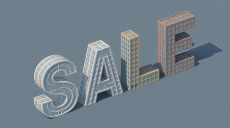 The word SALE is formed by 3D architectural buildings with windows and balconies on a plain gray background with shadows. Clear details and vibrant colors enhance visual appeal.の素材