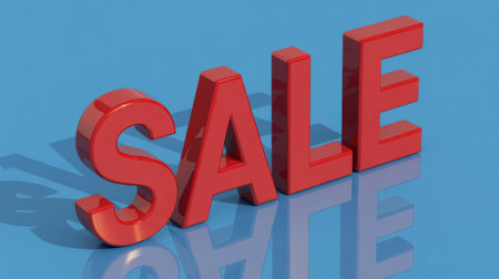 The word SALE rendered in bold, shiny red 3D letters casting a reflection on a smooth, bright blue surface. Clear details and vibrant colors enhance visual appeal.の素材