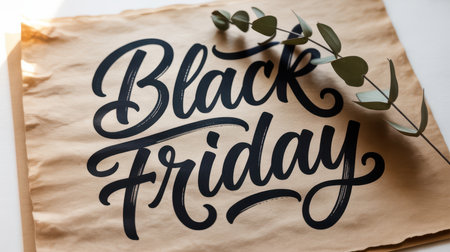 Black Friday text in bold calligraphy on textured brown paper with a eucalyptus branch adding a natural touch. Clear details and vibrant colors enhance visual appeal.の素材