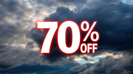 Dark showing 70 percent off text glowing against dramatic dark cloud sky background keywords: 70 percent off, discount, sale, offer, promotion, text, typography, glowing, neon, red, white,...の素材