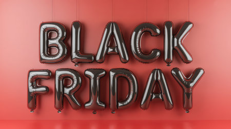 Reflective silver inflatable balloons spelling out BLACK FRIDAY are arranged in two rows against a solid pink background, with strings hanging down. Clear details and vibrant colors enhance visual ...の素材