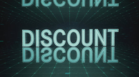 Large, bold 3D text spelling DISCOUNT is centered on a digital grid surface, with a clear reflection visible beneath it. Clear details and vibrant colors enhance visual appeal.の素材