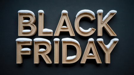 Wooden 3D letters spelling BLACK FRIDAY are dusted with realistic white snow, presented on a dark, textured background, suggesting a winter sale. Clear details and vibrant colors enhance visual app...の素材