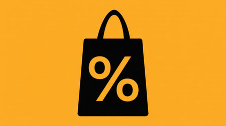 A minimalist black shopping bag icon featuring a yellow percentage symbol is centered on a solid orange background. Clear details and vibrant colors enhance visual appeal.の素材