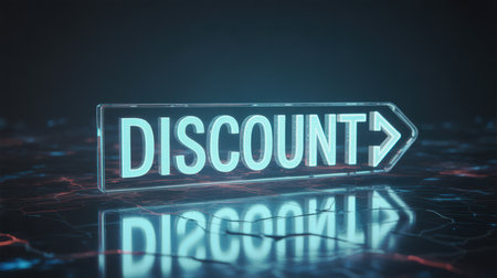 A transparent sign with the word DISCOUNT shaped like an arrow is illuminated, resting on a cracked surface that reflects the light. Clear details and vibrant colors enhance visual appeal.の素材