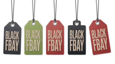 Five colorful hanging tags with the words BLACK FRIDAY printed in bold letters against a white background. Clear details and vibrant colors enhance visual appeal.の素材