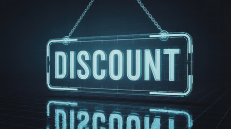 A glowing neon sign with the word DISCOUNT hangs from chains against a dark digital grid background, casting a reflection below. Clear details and vibrant colors enhance visual appeal.の素材