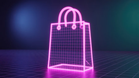 A vibrant pink neon wireframe 3D model of a shopping bag glows on a dark grid surface with a gradient background. Clear details and vibrant colors enhance visual appeal.の素材