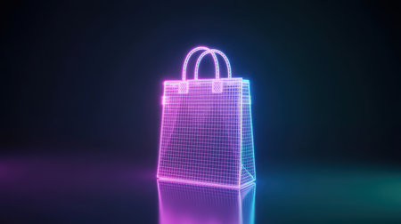 A wireframe 3D model of a shopping bag with purple and teal neon lighting casts a reflection on a dark, glossy surface. Clear details and vibrant colors enhance visual appeal.の素材