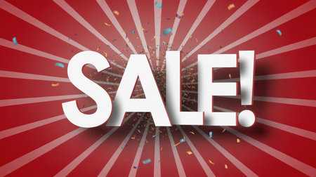 Large white 3D text spelling SALE with an exclamation mark explodes with colorful confetti against a red radial background with white lines emanating from the center. Clear details and vibrant colo...の素材