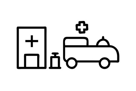 A black silhouette of an ambulance vehicle with its emergency lights illuminated, presented on a white background.のイラスト素材